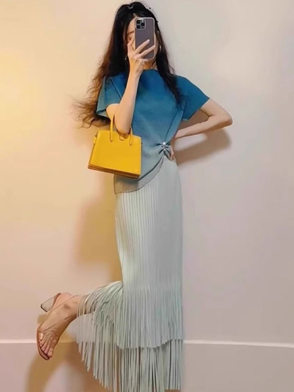 WZXSK时尚套装女夏季爆款设计感渐变色短袖T恤高腰显瘦半身裙子两