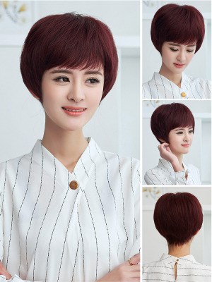 高档黛美丝假发女短发短直发真人发丝短发发型送妈妈假发短发女真