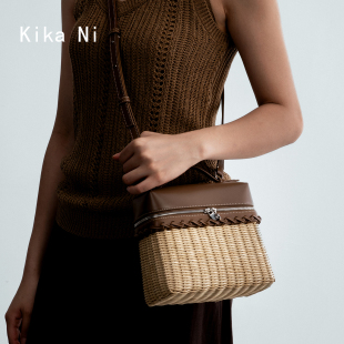 kikani lp藤编包小方盒牛皮竹编包女士野餐编织包单肩斜挎手提包