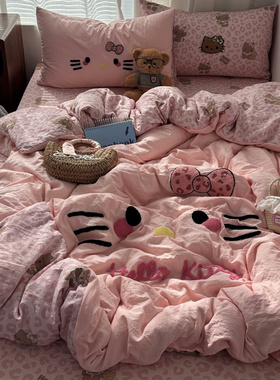 卡通少女豹纹猫咪毛巾绣水洗棉四件套纯棉被套全棉床单学生三件套
