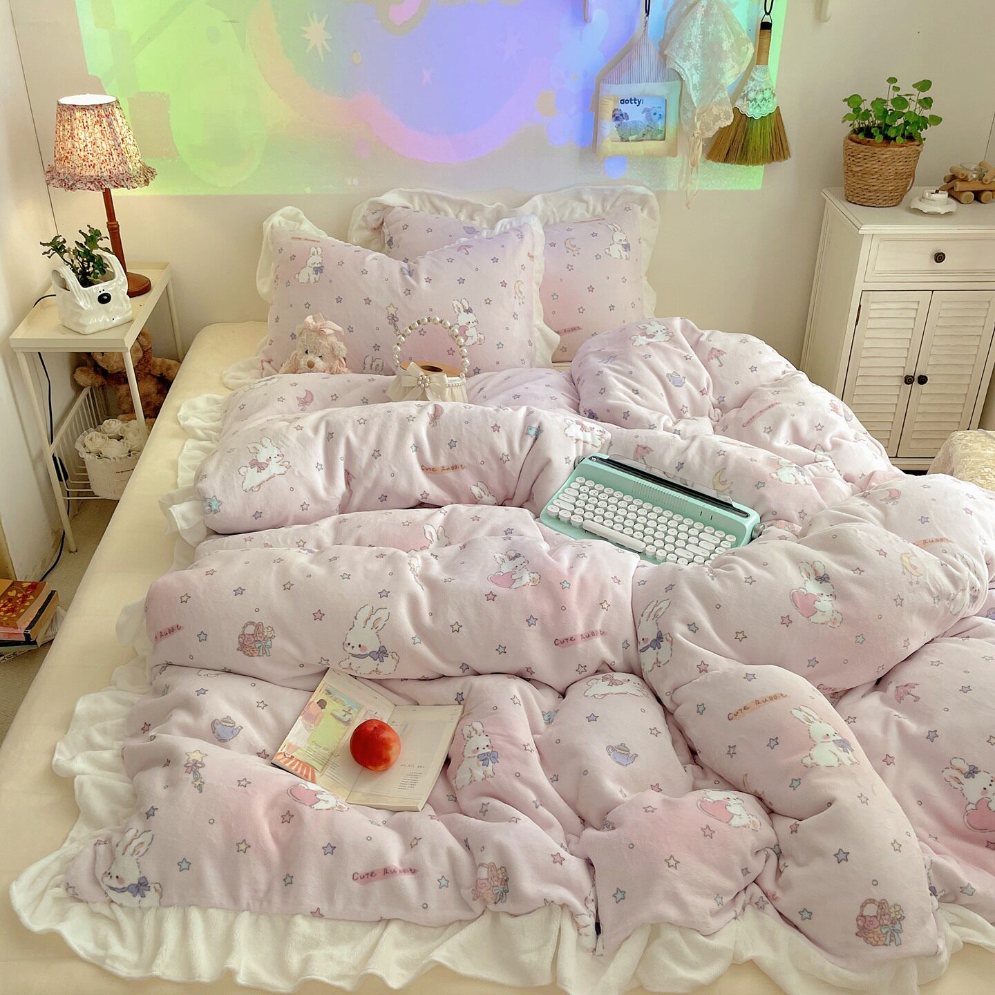 少女心可爱兔子花边牛奶绒四件套