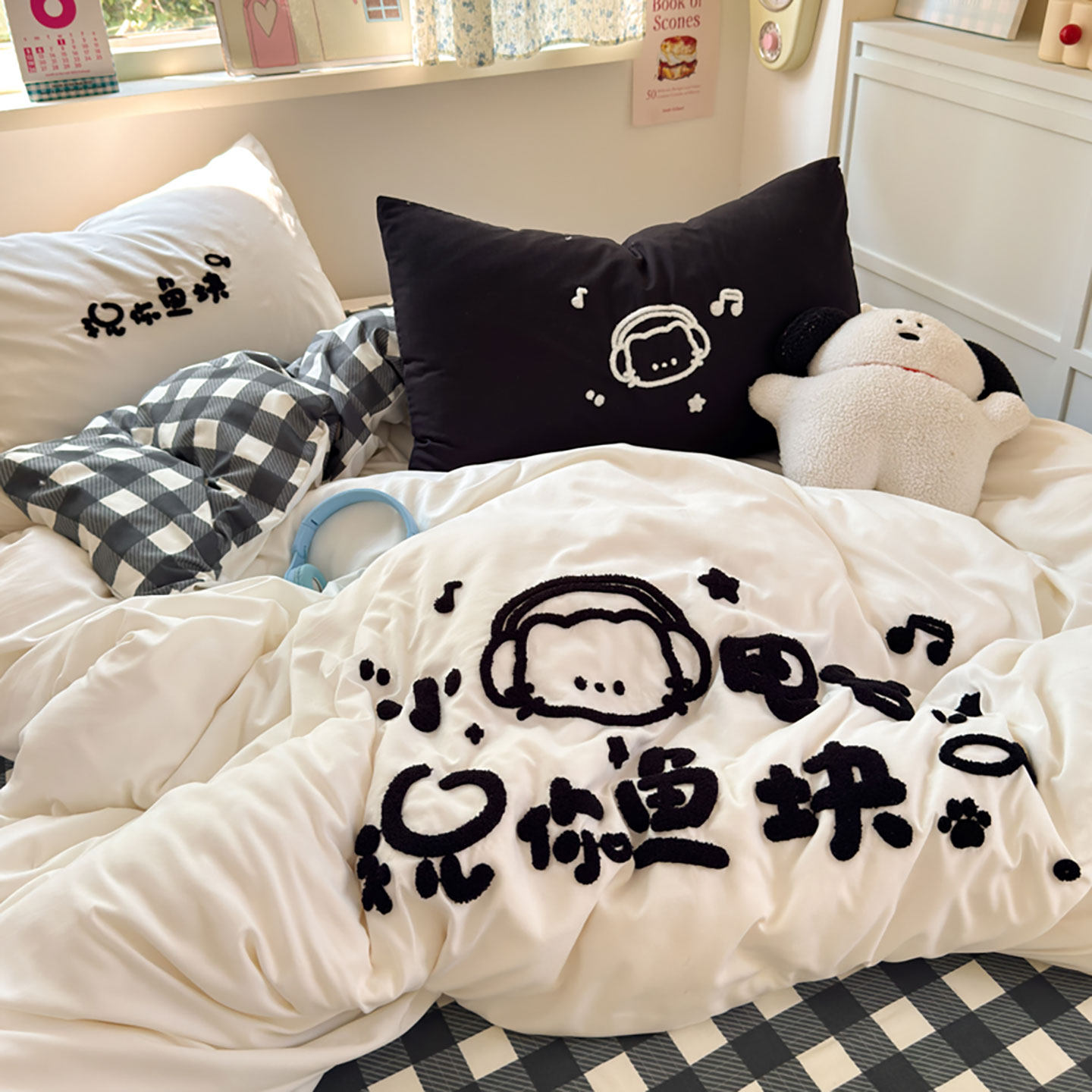 卡通ins字母小猫毛巾绣水洗棉全棉四件套纯棉被套床单学生三件套