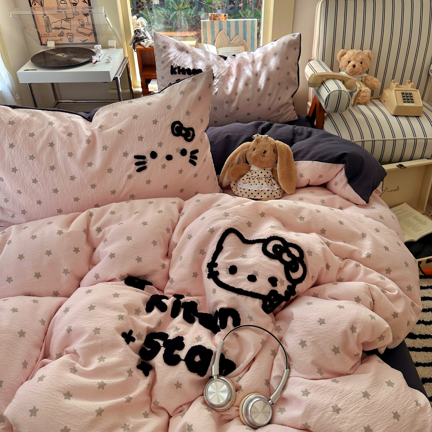 少女心碎星粉灰kt猫咪纯棉四件套