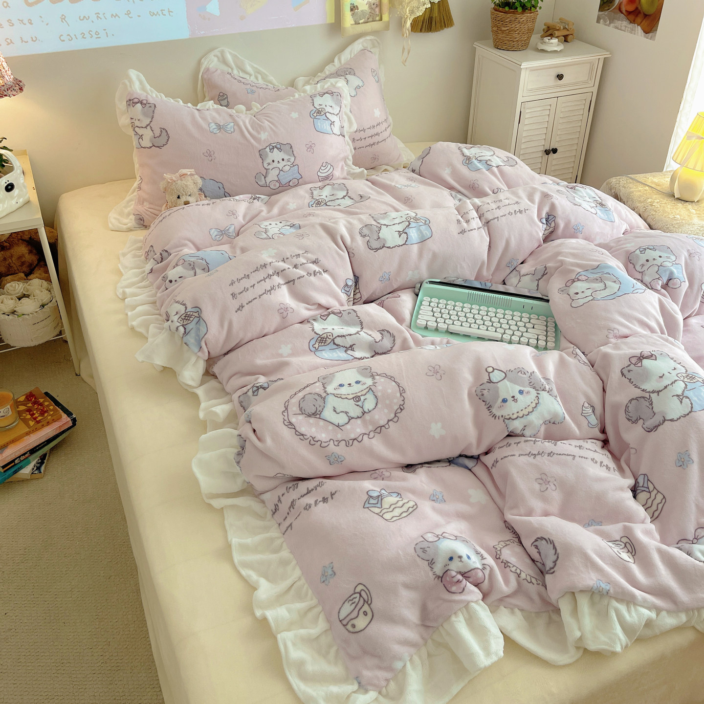 韩系少女花边牛奶绒珊瑚绒四件套
