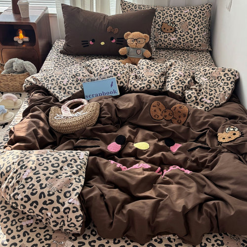可爱少女豹纹猫咪全棉纯棉四件套