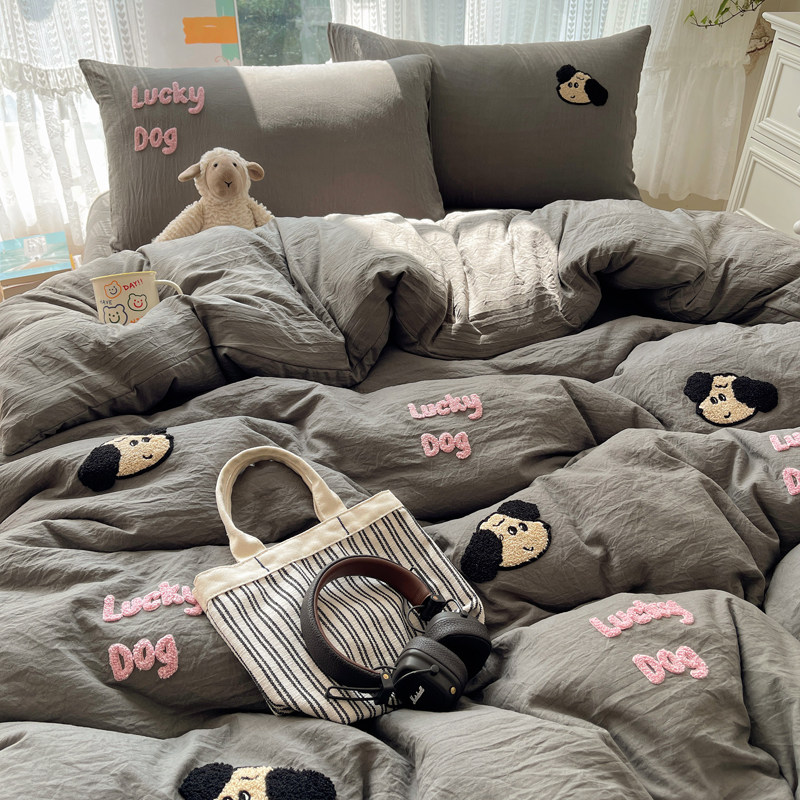 少女心可爱小狗毛巾绣灰色四件套