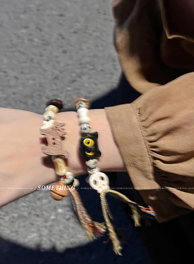 可爱木质猫咪流苏天然石串珠手链