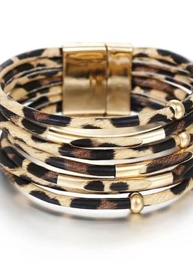 Vintage Metal Tube Leopard Leather Bracelet For Women Men Bo