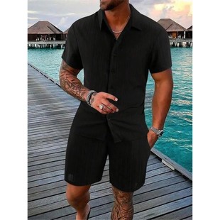 Casual Suit Sets Stripe Color Solid Print Summer 2Pcs Men