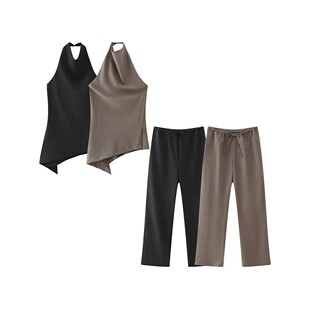 Willshela Set Halter Piece Pleated Two Fashion Women Brown