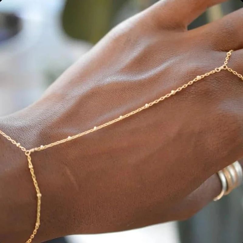 Dainty Hand Chain Bracelet Ring Gold Plated Handmade Link Ch