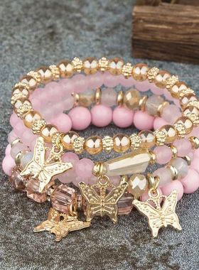 4Pcs rendy Butterfly Beaded Bracelet Set For Women Pink Acry