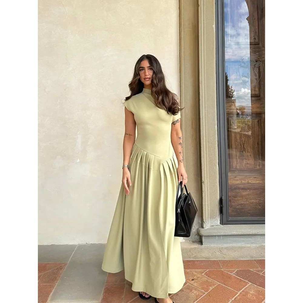 Women Elegant Green Pleated Dress Fashion O Neck Short Sleev