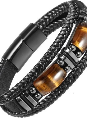 Tiger Eye Black Leather Bracelet Men Natural Gemstone Crysta