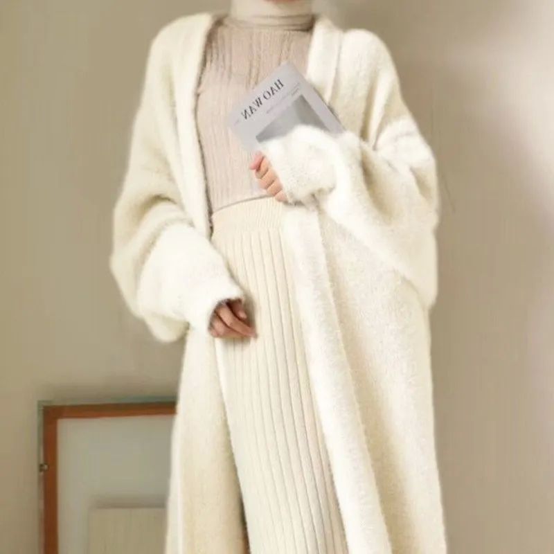 white Long Cardigan for women 2024 winter clothes Knitted fl