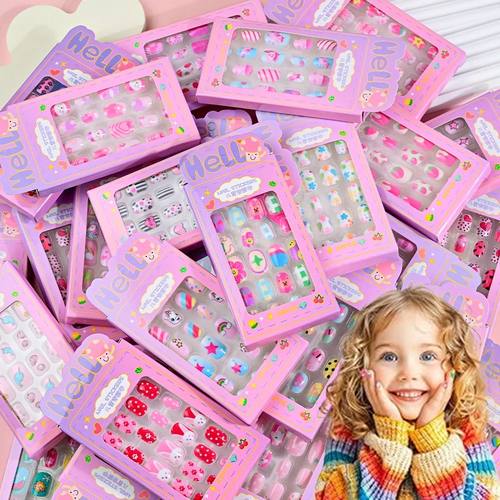 24Pcs/box Kids nails for Girl Cartoon Pattern False Nail Cut