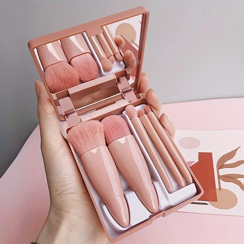 5Pcs Portable Makeup Brush Set With Mirror -  Foldable Trave