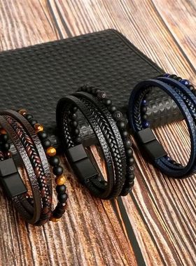 Men Leather Bracelet Classic Fashion Tiger Eye Beaded Multi