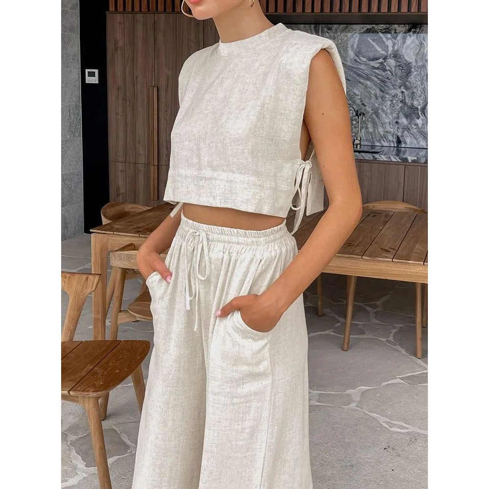Spring Summer 2023 Women Holiday Linen Pant Set Crop ops Sol