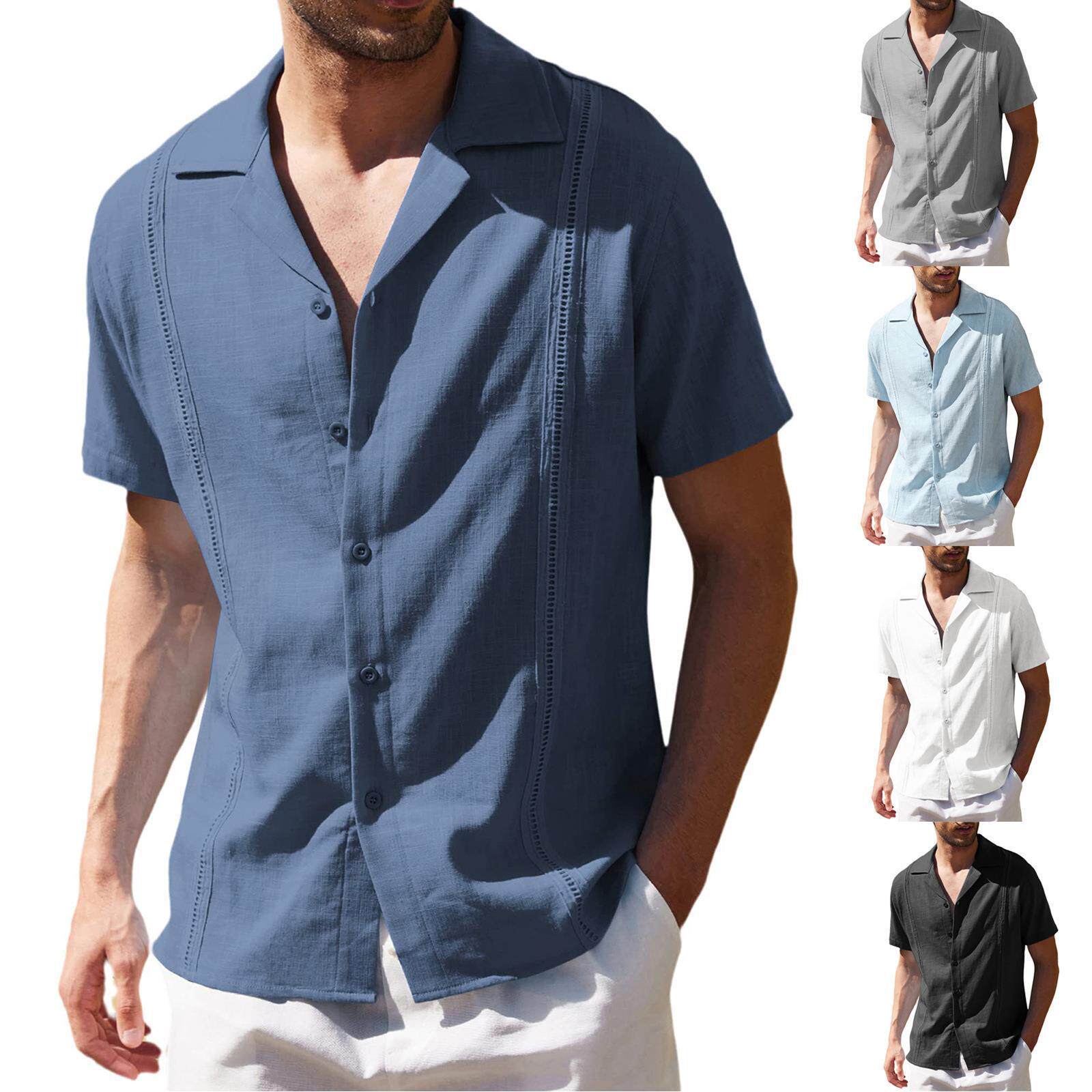 欧美男士宽松休闲亚麻衬衫古巴瓜亚贝拉衫短袖沙滩Cuban shirt。