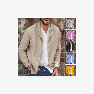 欧美男士潮流休闲宽松棉麻长袖开衫西装外套casual blazer men。