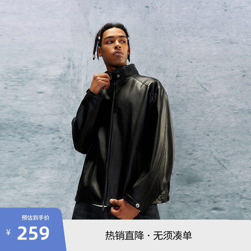 【beaster fe】黑色复古翻领皮衣男秋季新款pu皮夹克外套