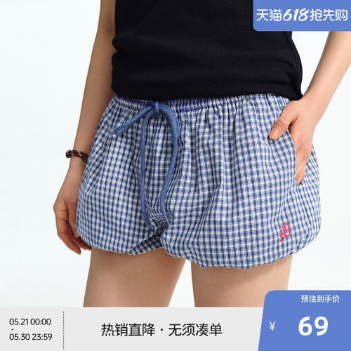 BEASTER格纹抽绳花苞短裤女百搭新款星星仿链条绣舒适裤子