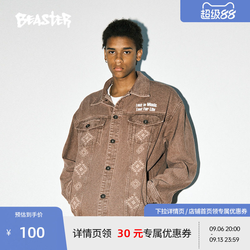 BEASTER民族纹样牛仔外套男新品户外美式高街复古工装女潮流夹克图片