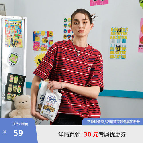 BEASTER条纹宽松柔软短袖T恤男夏季新款星星印花贴肤情侣上衣女