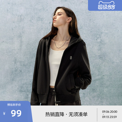 【beaster fe】金属牌logo纯棉卫衣外套女美式偏短款正肩连帽衫