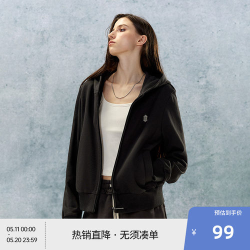 【beaster fe】金属牌logo纯棉卫衣外套女美式偏短款正肩连帽衫
