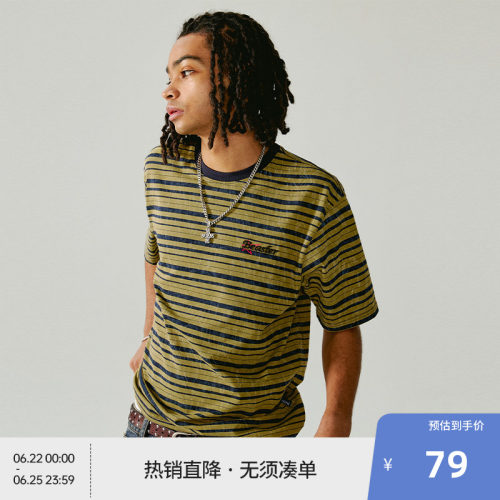 BEASTER条纹刺绣logo宽松T恤夏新款美式休闲潮牌圆领短袖上衣