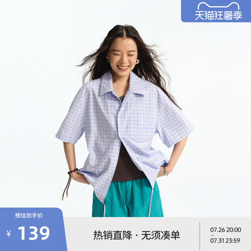 BEASTER下摆抽绳百搭格纹衬衫男美式宽松刺绣logo25新款情侣上衣