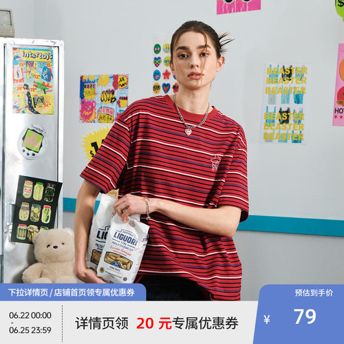 BEASTER条纹宽松柔软短袖T恤男夏季新款星星印花贴肤情侣上衣女