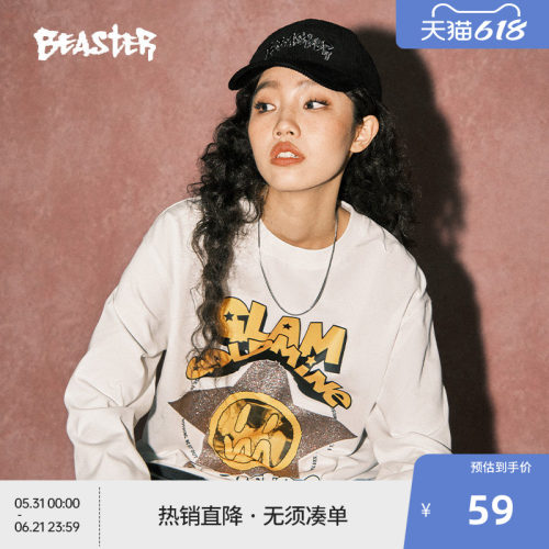 BEASTER鬼脸长袖t恤男华丽金矿闪粉印花美式情侣重磅上衣女