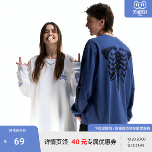 BEASTER鬼脸趣味印花长袖T恤男新款美式休闲纯棉情侣白色上衣