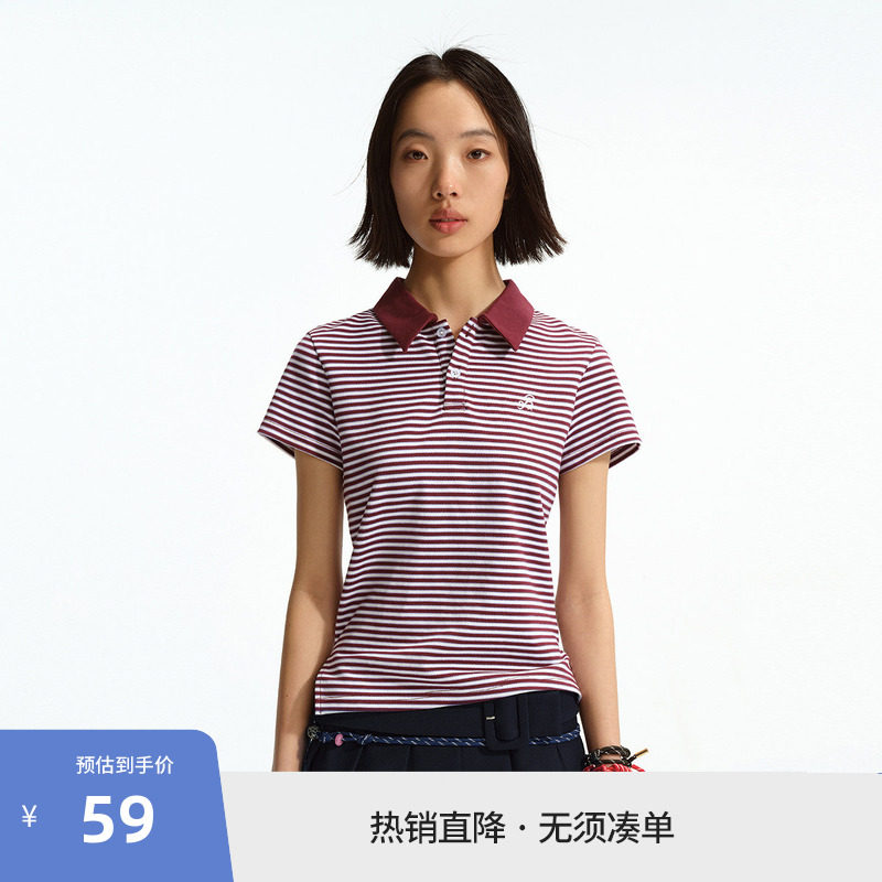 BEASTER刺绣图案条纹短袖polo衫女美式休闲软糯开叉修身上衣图片