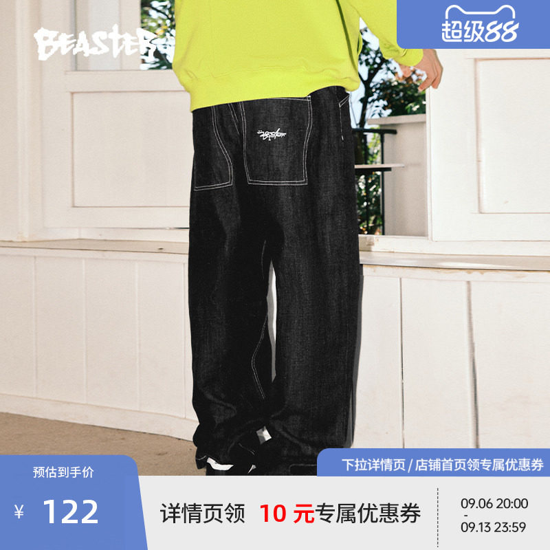 BEASTER刺绣logo牛仔裤400g丹宁面料纯棉春季梭织美式直筒休闲裤图片