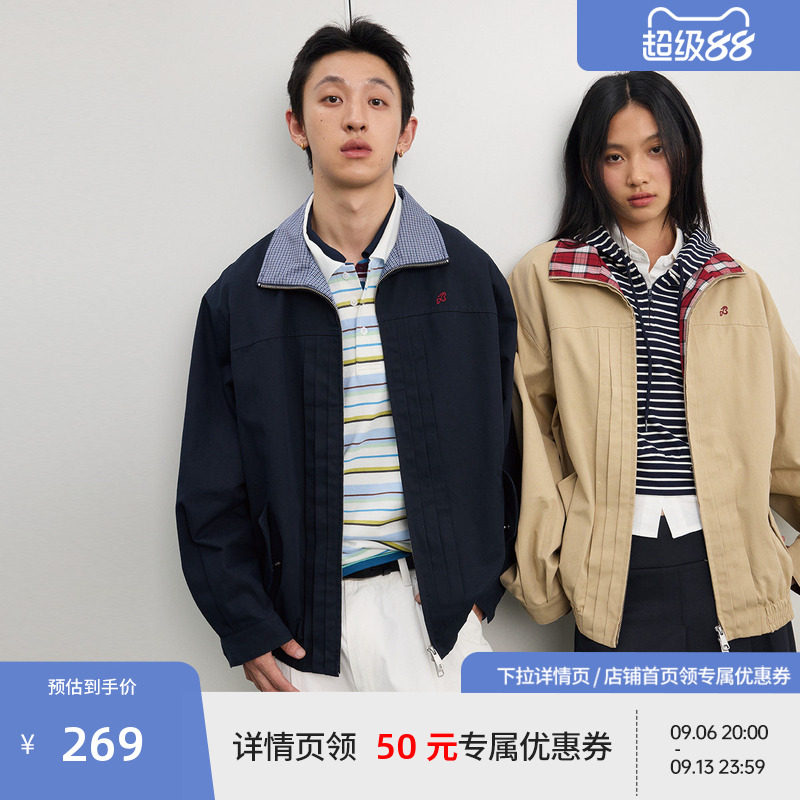 BEASTER奥莱撞色格纹翻领夹克短款男女情侣春秋复古百搭宽松外套图片