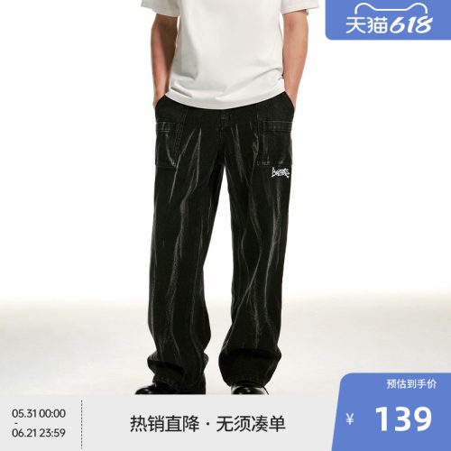 BEASTER不规则条状水洗牛仔裤男款美式休闲宽松新款直筒黑色长裤