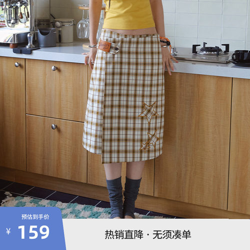 BEASTER格纹垂感贴布绣图案半身裙不规则时尚百搭新款黄格裙子