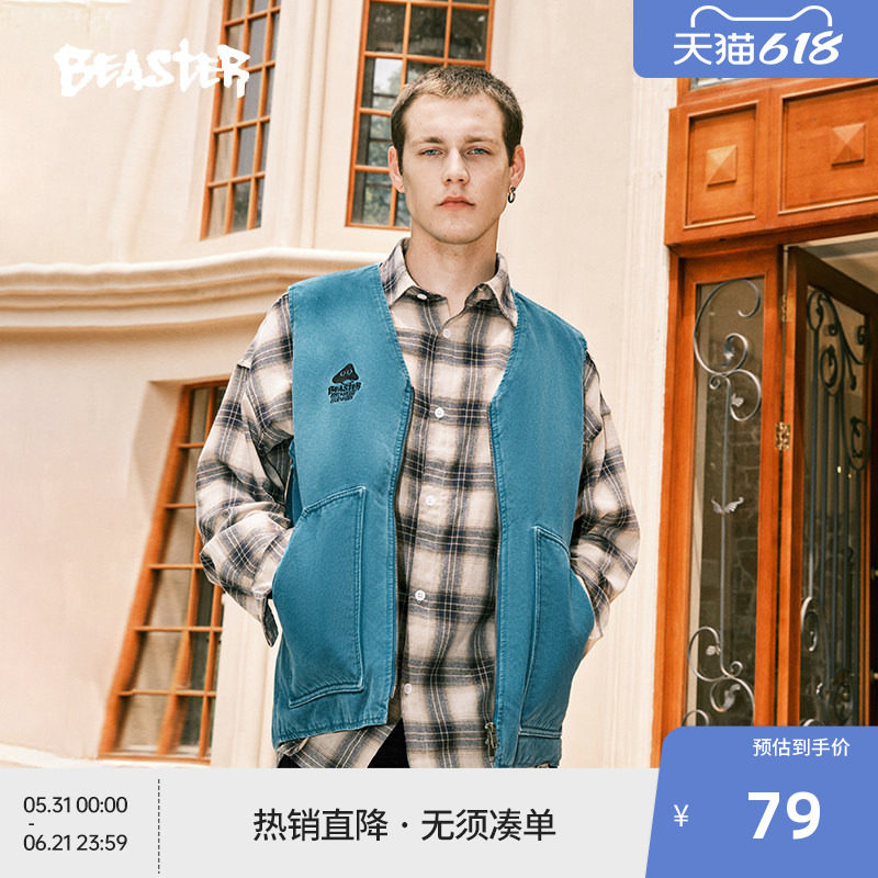 BEASTER奥莱蘑菇工装棉马甲男冬潮流美式风情侣休闲保暖棉衣外搭