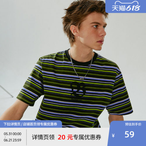 BEASTER撞色条纹字母绣花T恤夏新款美式休闲潮牌圆领情侣短袖上衣