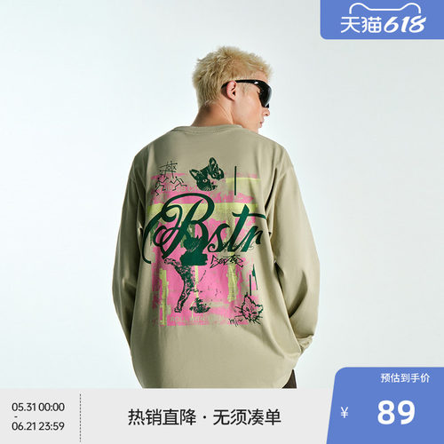 BEASTER潮流丝网印花图案长袖T恤宽松纯棉24新款白色上衣