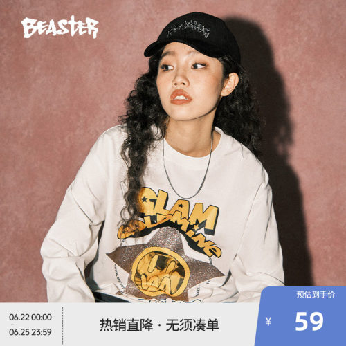 BEASTER鬼脸长袖t恤男华丽金矿闪粉印花美式情侣重磅上衣女
