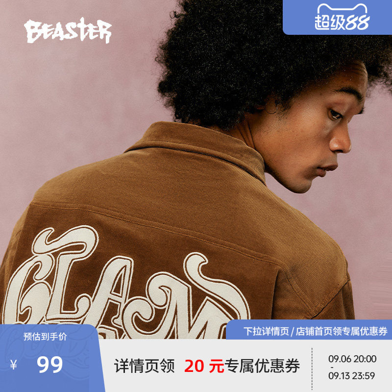 BEASTER灯芯绒长袖衬衫男23新品华丽金矿字母刺绣美式情侣外套图片
