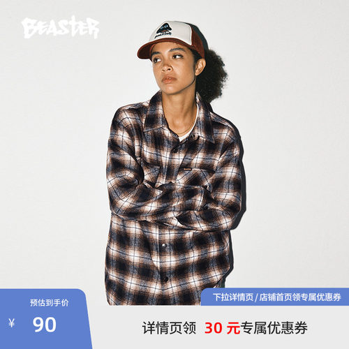Beaster贴布长袖格子衬衫