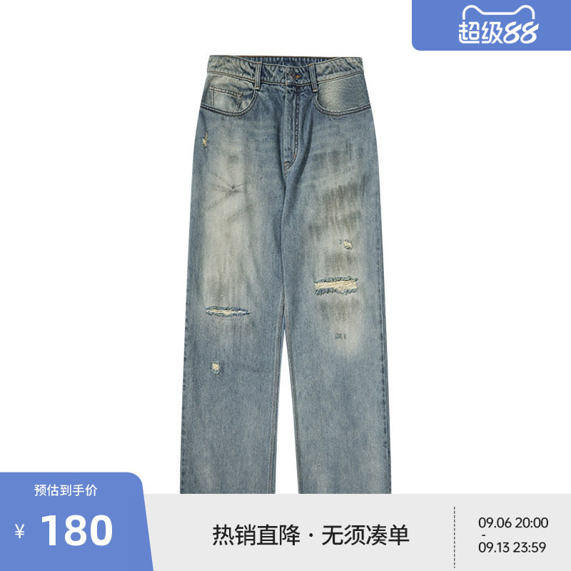 BEASTER脏洗怀旧时尚牛仔裤男美式复古撞钉水洗直筒长裤图片