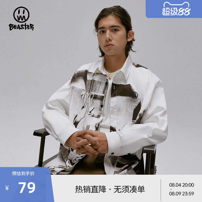 BEASTER奥莱满印纯棉衬衫男长袖国潮牌美式复古情侣上衣 - 实物图