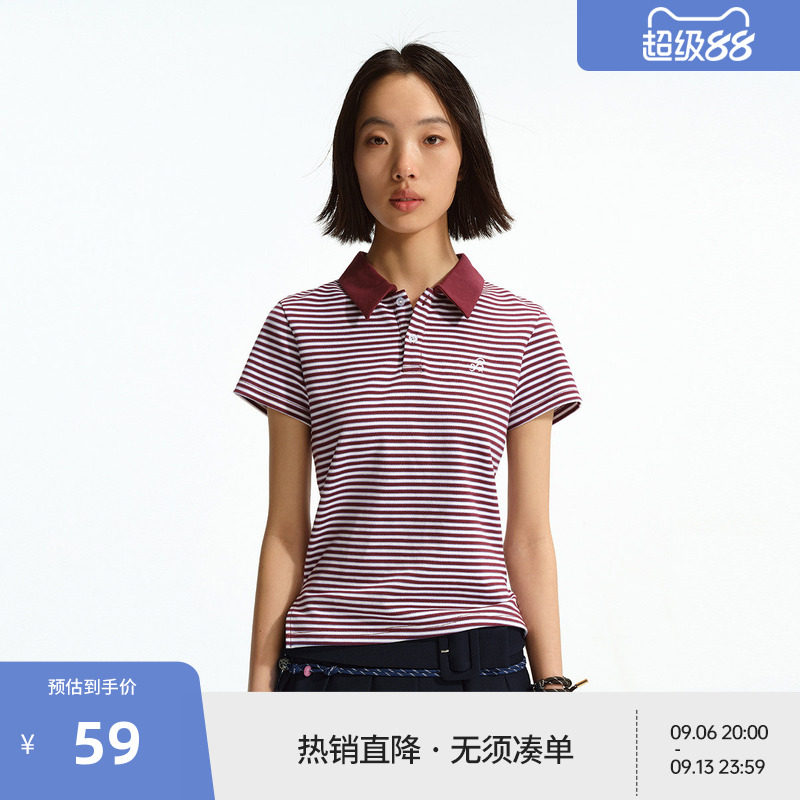 BEASTER刺绣图案条纹短袖polo衫女美式休闲软糯开叉修身上衣图片